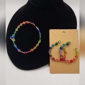Rainbow crystal faceted bracelet and hoop earrings artisan set Swarovski?